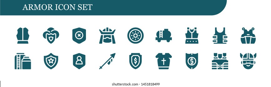 Armor Icon Set. 18 Filled Armor Icons.  Collection Of - Armour, Shield, Samurai, Tank, Bulletproof, Kendo, Lance, Bulletproof Vest, Viking