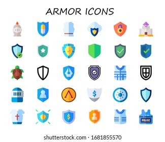 armor icon set. 30 flat armor icons. Included knight, shield, armour, medieval, turtle, warrior, police vest icons