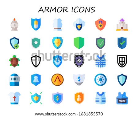 armor icon set. 30 flat armor icons. Included knight, shield, armour, medieval, turtle, warrior, police vest icons