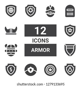 armor icon set. Collection of 12 filled armor icons included Shield, Viking, Warrior, Viking helmet, Knight