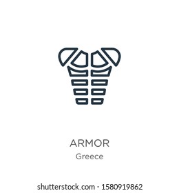 Armor icon. Thin linear armor outline icon isolated on white background from greece collection. Line vector sign, symbol for web and mobile