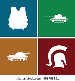 armor icons set. Set of 4 armor filled icons such as knight, bulletproof vest