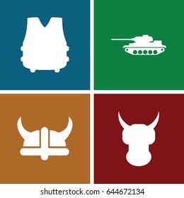 Armor icons set. set of 4 armor filled icons such as helmet, bulletproof vest