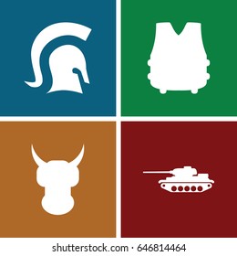 Armor icons set. set of 4 armor filled icons such as knight, bulletproof vest, tank