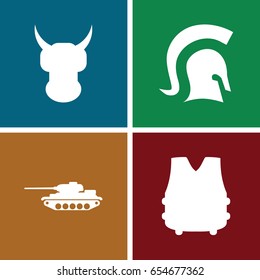 Armor icons set. set of 4 armor filled icons such as knight, bulletproof vest, tank