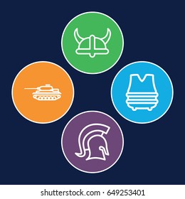 Armor icons set. set of 4 armor outline icons such as knight, helmet, bulletproof vest