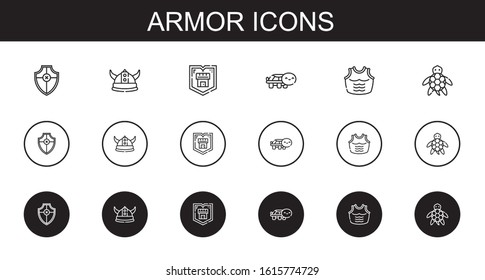 armor icons set. Collection of armor with shield, viking, turtle. Editable and scalable armor icons.