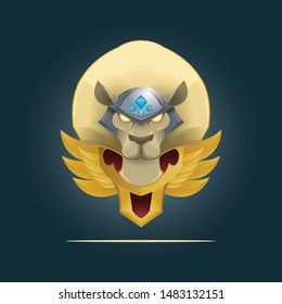 armor lion head emblem mascot logo sport with shield and gold wings. vector