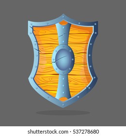 Armor shield isolated vector illustration. Wooden shield with metal frame and oval middle in the center. War protective element. Add your emblem. Medieval protection item symbol, army equipment