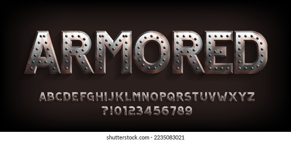 Armored alphabet font. Rusty metal letters and numbers. Stock vector typeface for your design.