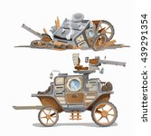 Armored and armed, the carriage is wrecked isolated on a white background. Cartoon vector close-up illustration.