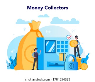 Armored cash truck security concept. Money collecting and protection. Professional bank staff in bulletproof uniform. Vector isolated illustration.
