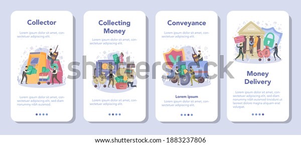Armored cash truck security\
mobile application banner set. Money collecting and transporation.\
Professional bank staff in bulletproof uniform. Vector isolated\
illustration.