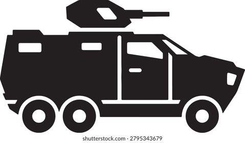 Armored combat vehicle icon representing tactical military transport heavy machinery army tank defensive gear war carrier black silhouette design asset isolated graphic for defense and security industry.
