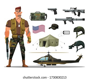 Armored commando military man with weapon wearing uniform. Combat ammunition set isolated on white background. Helmet, tent, helicopter, flag, radio communication device, badge. Vector illustration