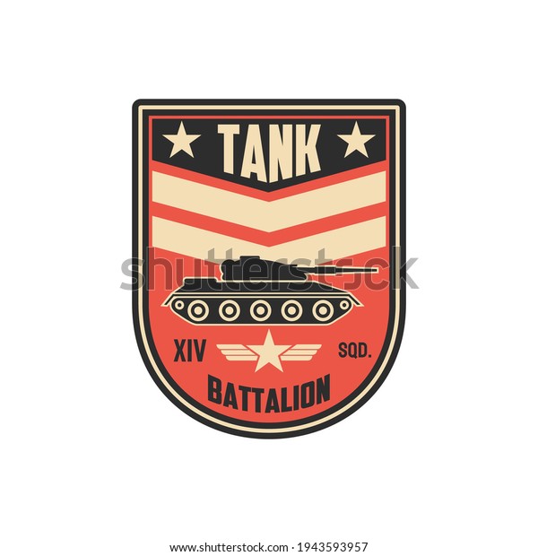 Armored division tank battalion isolated military\
chevron with armored vehicle truck. Vector combat us infantry patch\
on uniform, emblem of survival heavy troops. Officer rank insignia,\
armed forces