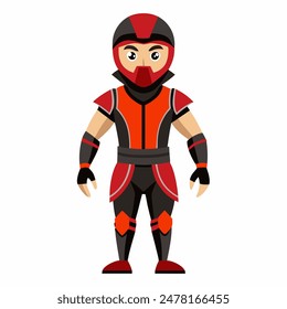 Personaje de combate blindado en colores rojo y negro, perfecto para contenido de acción y aventura