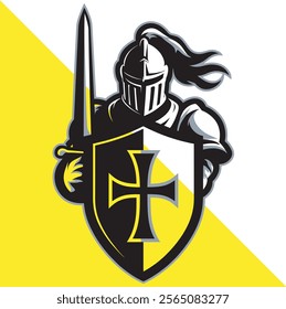 Armored Knight Holding a Sword and Shield with a Prominent Cross Emblem Representing Valor and Protection