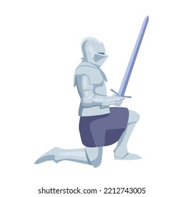 Caballero armado en una rodilla con arma. Ilustración vectorial de dibujos animados. Guerrero o soldado medieval brutal con caballo, espada y escudo. Historia, batalla de caballeros, guerra, concepto de lucha