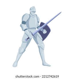 Armored knight with weapon. Vector illustration. Soldier, sword and shield. Knight battle, fight concept