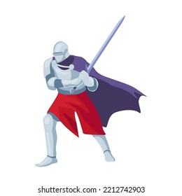 Armored knight with weapon. Vector illustration. Brutal warrior or soldier with horse, sword and shield. History, knight battle, war, fight concept