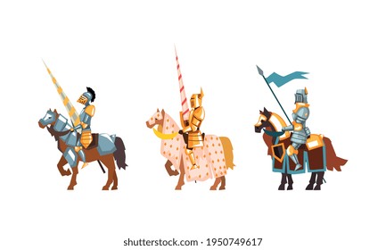 Armored Medieval Knight or Cavalryman Sitting on Horseback Holding Lance Vector Set