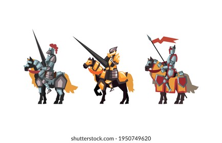 Armored Medieval Knight or Cavalryman Sitting on Horseback Holding Lance Vector Set