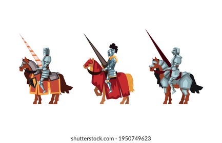 Armored Medieval Knight or Cavalryman Sitting on Horseback Holding Lance Vector Set