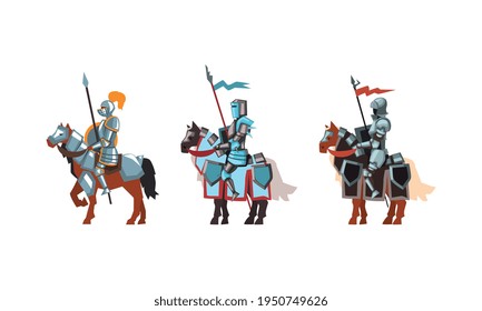 Armored Medieval Knight or Cavalryman Sitting on Horseback Holding Lance Vector Set