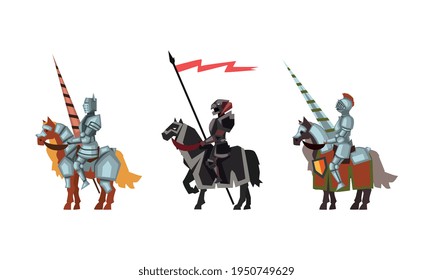 Armored Medieval Knight or Cavalryman Sitting on Horseback Holding Lance Vector Set