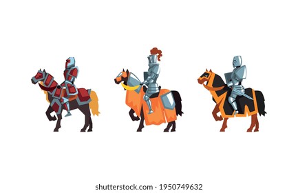 Armored Medieval Knight or Cavalryman Sitting on Horseback Vector Set