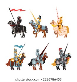 Armored Medieval Knight or Cavalryman Sitting on Horseback Holding Lance Vector Set