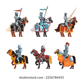 Armored Medieval Knight or Cavalryman Sitting on Horseback Holding Lance Vector Set