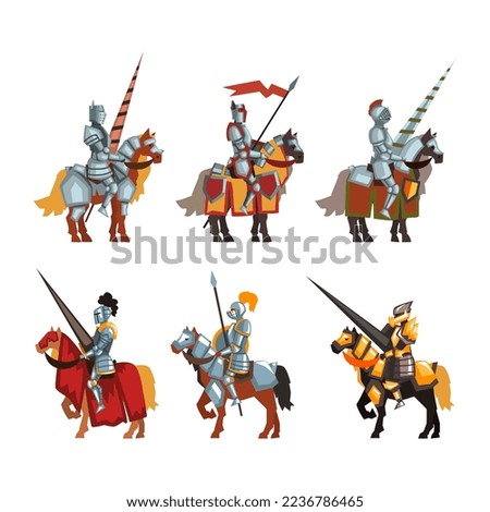 Armored Medieval Knight or Cavalryman Sitting on Horseback Holding Lance Vector Set