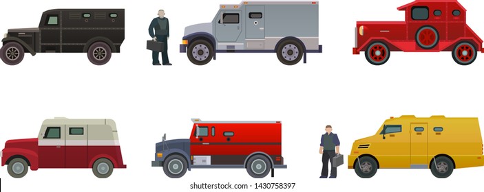 Armored money carrier vehicle vector bank van transport car side view illustration armor transportation set of minivan truck with money security man people guard character isolated on white background