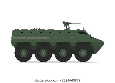 Vehículo blindado de transporte de tropas. Ilustración de estilo plano de elemento vector. Vista lateral. APC aislado en blanco. Vehículo militar