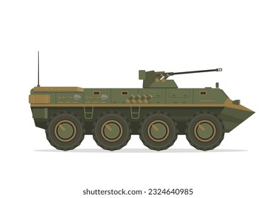 Vehículo blindado de transporte de tropas. Ilustración de estilo plano de elemento vector. Vista lateral. APC aislado en blanco. Vehículo militar