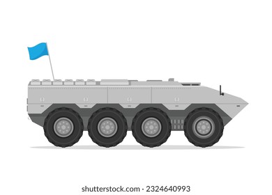 Vehículo blindado de transporte de tropas. Ilustración de estilo plano de elemento vector. Vista lateral. APC aislado en blanco. Vehículo militar