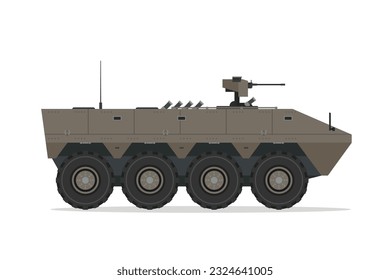 gepanzerter Personalträger. Vektorelement-Flach-Illustration. Seitenansicht. Einzeln APC auf weiß. Militärfahrzeug