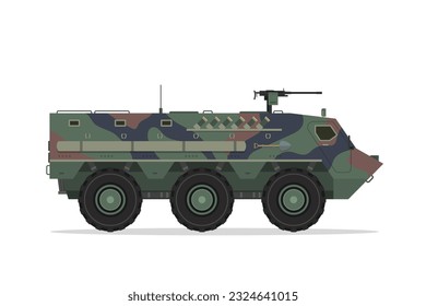 Vehículo blindado de transporte de tropas. Ilustración de estilo plano de elemento vector. Vista lateral. APC aislado en blanco. Vehículo militar