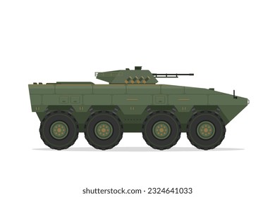 Vehículo blindado de transporte de tropas. Ilustración de estilo plano de elemento vector. Vista lateral. APC aislado en blanco. Vehículo militar