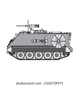 Vehículo blindado de transporte de tropas. Ilustración de estilo plano de elemento vector. Vista lateral. APC aislado en blanco. Vehículo militar