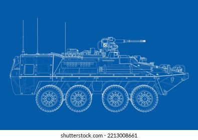 Armored personnel carrier. Vector rendering of 3d. Wire-frame style. The layers of visible and invisible lines are separated