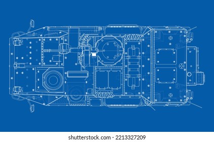 Armored personnel carrier. Vector rendering of 3d. Wire-frame style. The layers of visible and invisible lines are separated