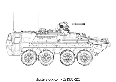 gepanzerter Personalträger. Vektorgrafik von 3d. Wire-Frame-Stil. Die Schichten sichtbarer und unsichtbarer Linien sind getrennt