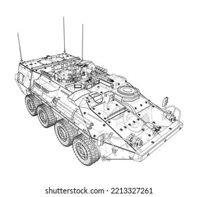 Armored personnel carrier. Vector rendering of 3d. Wire-frame style. The layers of visible and invisible lines are separated