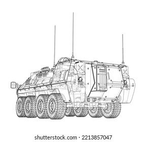 Armored personnel carrier. Vector rendering of 3d. Wire-frame style. The layers of visible and invisible lines are separated