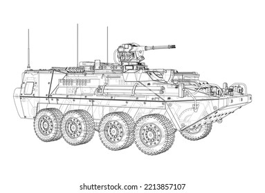 Armored personnel carrier. Vector rendering of 3d. Wire-frame style. The layers of visible and invisible lines are separated