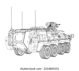 gepanzerter Personalträger. Vektorgrafik von 3d. Wire-Frame-Stil. Die Schichten sichtbarer und unsichtbarer Linien sind getrennt
