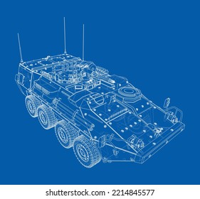 gepanzerter Personalträger. Vektorgrafik von 3d. Wire-Frame-Stil. Die Schichten sichtbarer und unsichtbarer Linien sind getrennt
